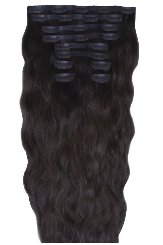 18" Beach Wave Double Hair Set Clip-In Extensions - Ebony